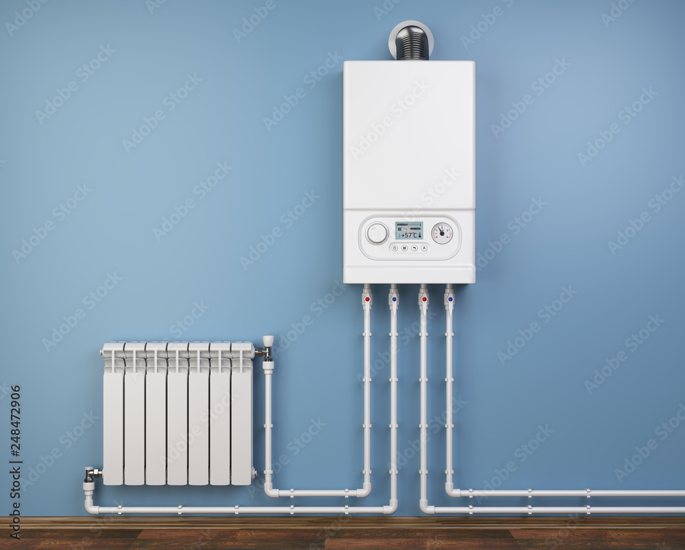 A studio shot graphic showing a wall-mounted white domestic gas boiler with a digital temperature display connected via white pipework to a wall-mounted panel radiator against a solid blue background.